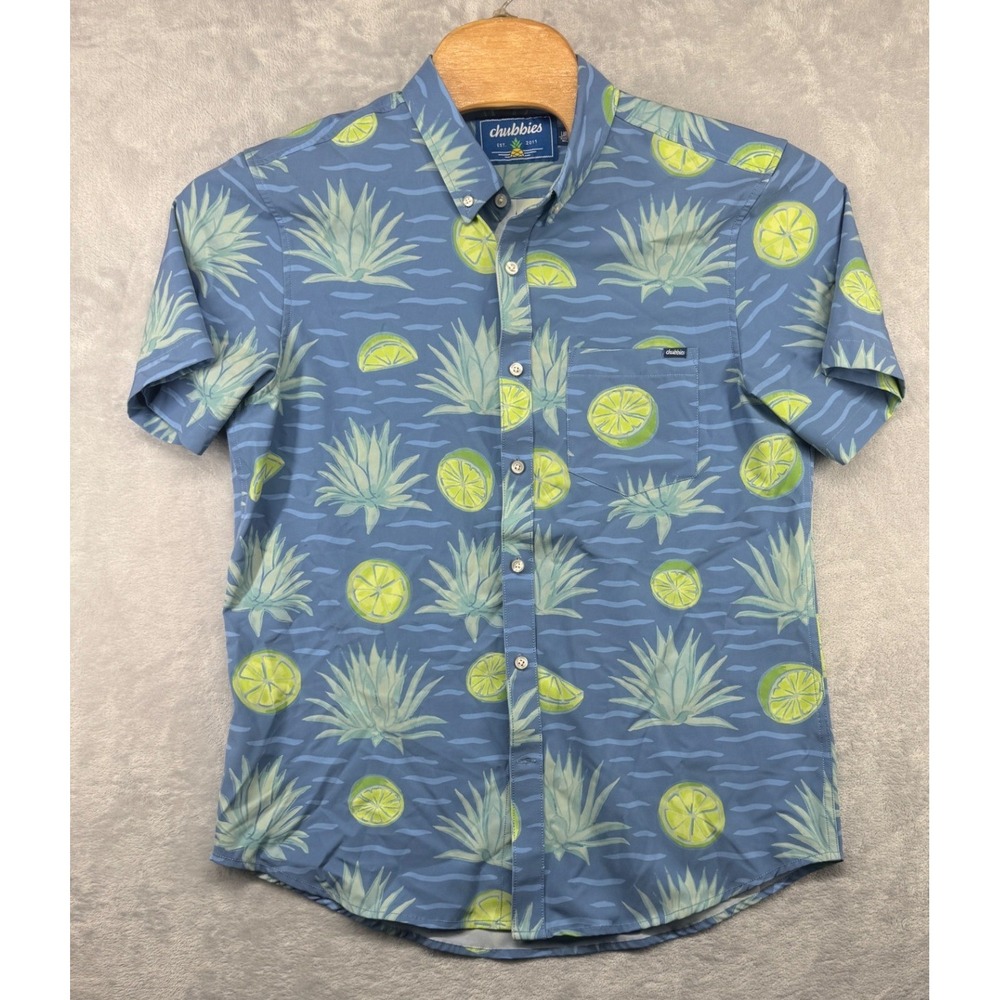 Chubbies Blue Agave Lime Tropical Stretch Short Sleeve Button Down Men's L NWT